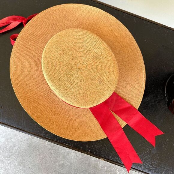 VTG Straw Boater Hat Red Ribbon 50s 60s Derby Garden Party Italian Made main image 9